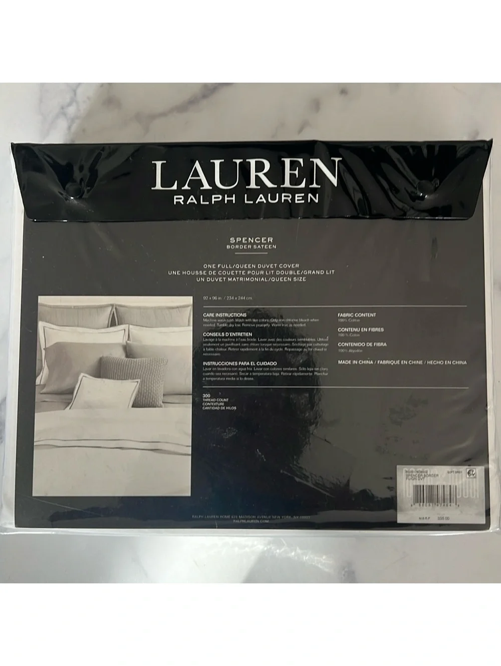Lauren Ralph Lauren Spencer Sateen Border Queen Duvet Cover Soft Grey New w/Tag